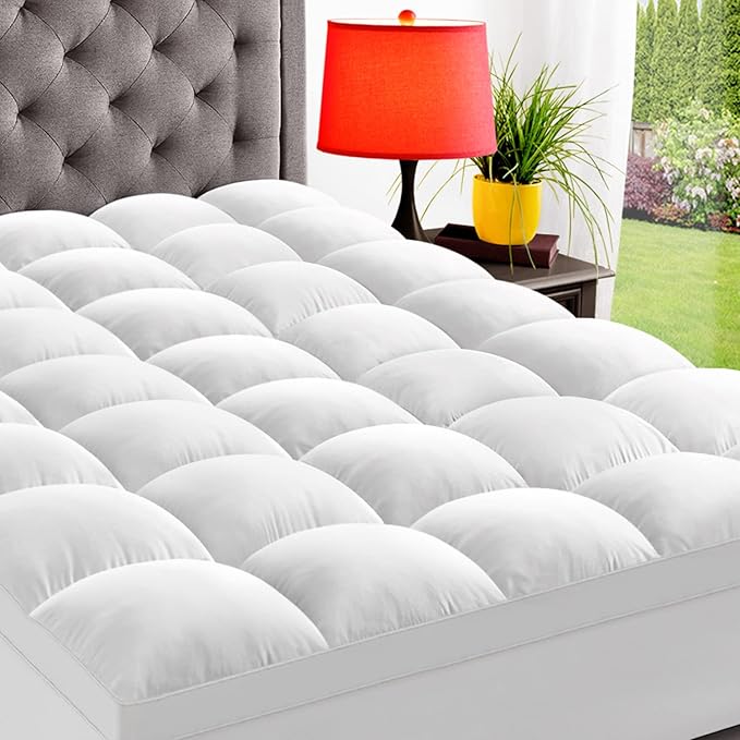 ELEMUSE Queen Mattress Topper for Back Pain, Extra Thick Mattress Pad Cover, Plush Soft Pillowtop with Elastic Deep Pocket, Overfilled Down Alternative Filling