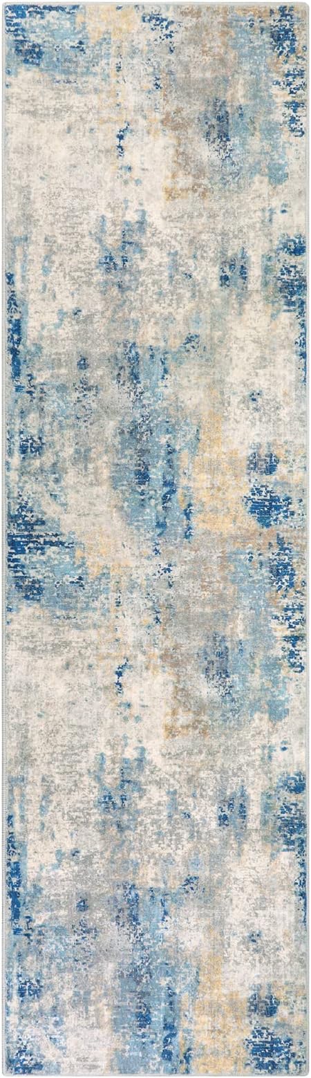 Lahome Modern Abstract Rug Runners for Hallways Non Slip, 2x7 Carpet Runner Rug for Kitchen Non Skid Washable, Soft Floor Mat for Bathroom Bedside Entrance RV, Blue/Yellow/Ivory