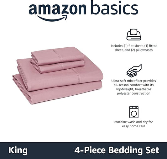 Amazon Basics Lightweight Microfiber 4-Piece Bed Sheet Set, Rose, Solid, King