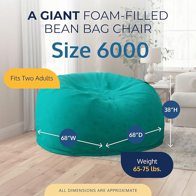 Ultimate Sack 6000 6-Foot Bean Bag Chair with Footstool, Teal Suede Cover – Oversized Foam Lounger, Floor Seat, Small Sofa, or Couch Bed for Living Area, Gaming Room, or Reading Lounge