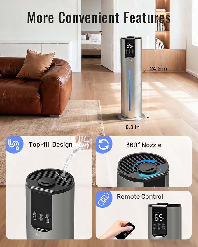 8L Humidifiers for bedroom, Humidifiers large room up to 500 sq ft, Easy to Clean Humidifier with Washable Parts, Ultrasonic Cool Mist Humidifier for Home Plants Baby Nursery Office, Grey