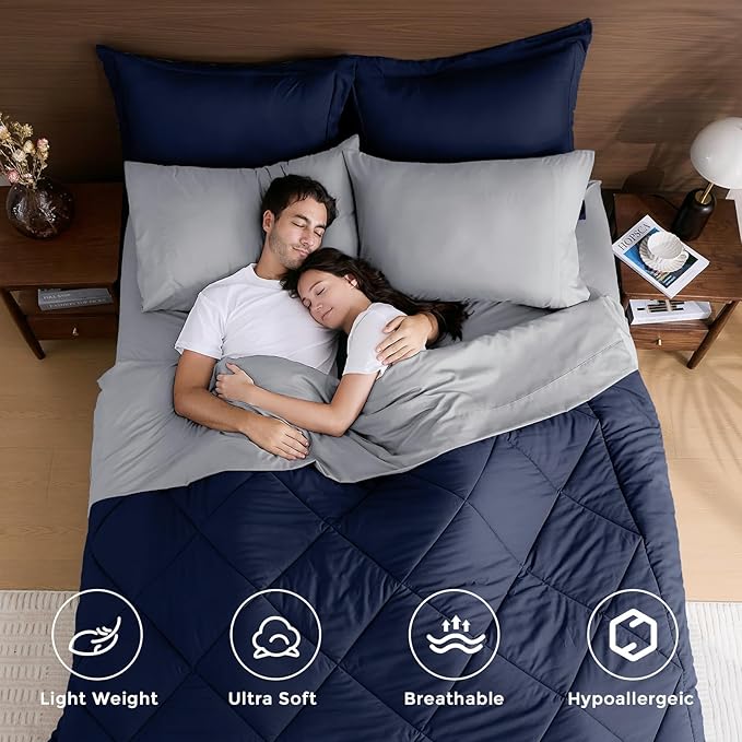 HEVUMYI Twin-XL Comforter Set - 5-Piece All Season Bed in a Bag Twin-XL, Ultra Soft Bedding Set with Comforter, Flat Sheet, Fitted Sheet, Pillowcases, Pillow Shams, Navy Blue & Light Grey