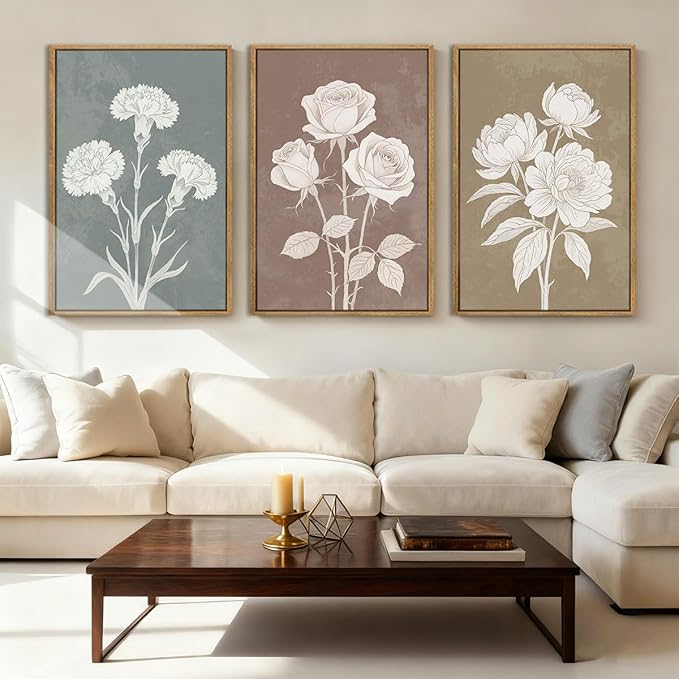 BINCUE Boho Floral Wall Painting Framed Botanical Wall Art Decor Flower Print for Living Room Bedroom Dining Room 16" Lx24 W Set of 3