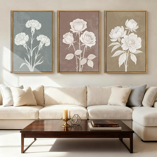 BINCUE Boho Floral Wall Painting Framed Botanical Wall Art Decor Flower Print for Living Room Bedroom Dining Room 16" Lx24 W Set of 3