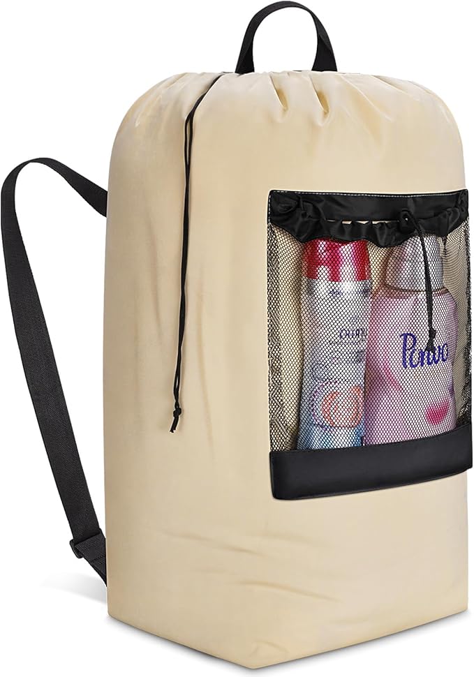Lifewit 120L Laundry Bag, Extra Large Laundry Backpack with Shoulder Straps and Mesh Pocket for Laundromat, Heavy Duty Laundry Bag Backpack for Dirty Clothes for College Dorm/Travel/Apartment, Khaki