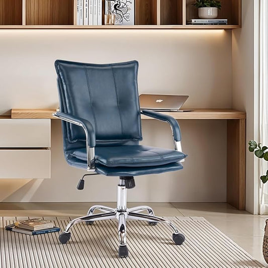 Mid-Back Ergonomic Leather Office Chair, Modern Upholstered Executive Desk Chair with Gold Frame Armrest Computer Task Chair (Dark Blue &Silver Legs)