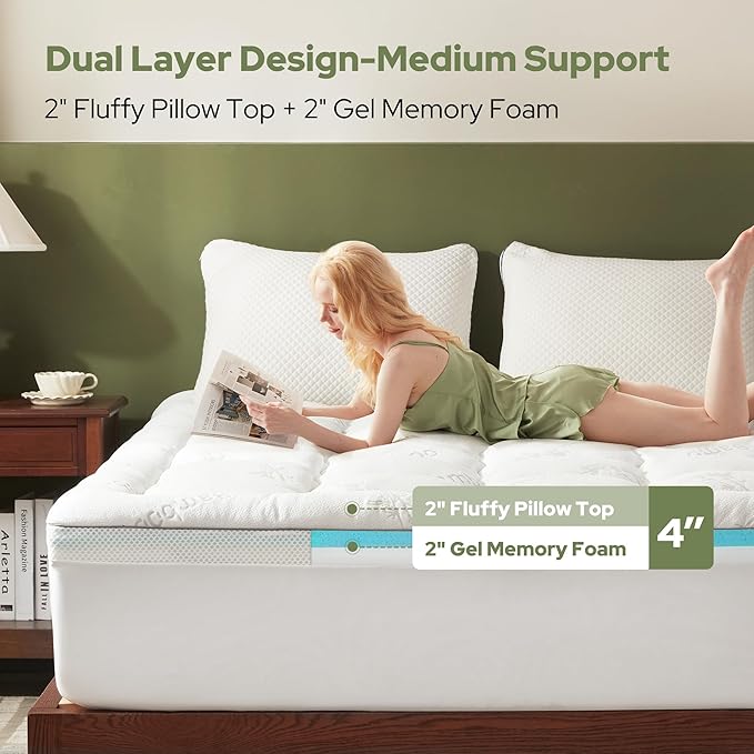 BEDLORE 4 Inch Memory Foam Mattress Topper Queen,2-in-1 Dual Layer Design (2" Gel Memory Foam + 2" Plush Pillow Top Cover) Mattress Topper Medium-Firm,Pressure Relief & Back Pain Support(White)