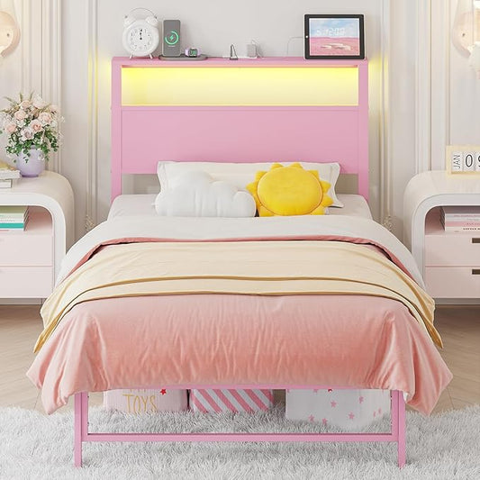 Weehom Twin Bed Frames with Headboard Shelf Storage, Wood Twin Bed Frame with Charging Station and LED Lights, No Box Spring Needed Twin Size Metal Bed Frame for Kids Students, Pink