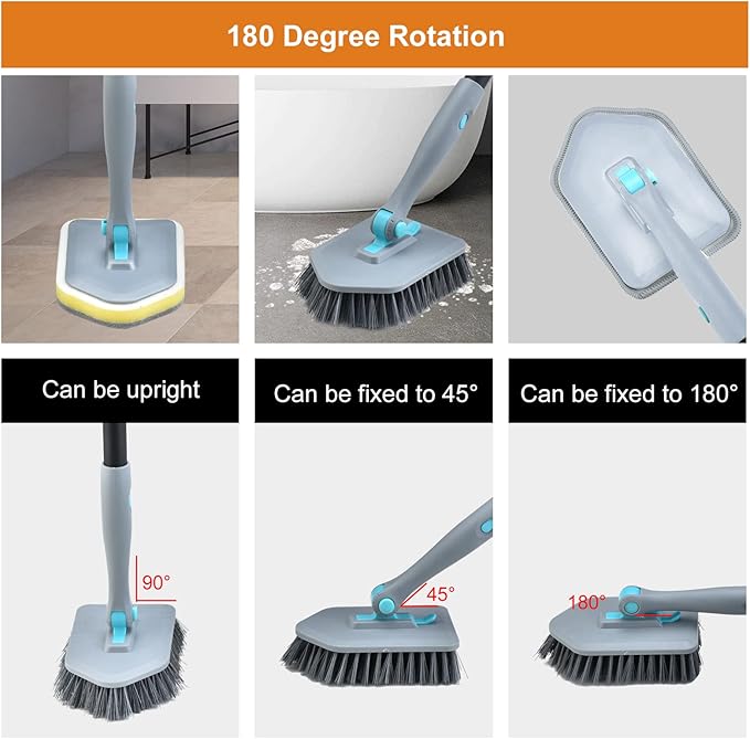 Long Handled Scrub Brush for Shower,3-in-1 Cleaning Brushes with 3 Different Function Cleaning Heads Brush for Shower Cleaning Bathroom Kitchen Walls Tub Tile (Grey)