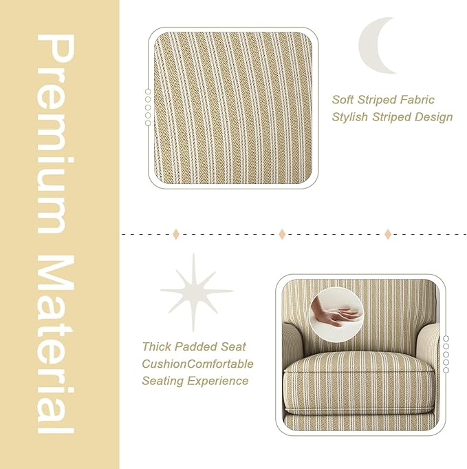 INZOY Swivel Accent Chair Linen Mid Century Modern Chair, Comfy Swivel Barrel Reading Chair, Upholstered Square Chair for Living Room Bedroom Small Spaces, Fully Assembled, Brown Stripe