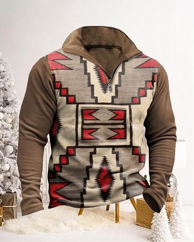 Western Sweatshirts for Men Aztec Cowboy Vintage Graphic Fleece Hoodie Mens Quarter Zip Pullover Country Jacket