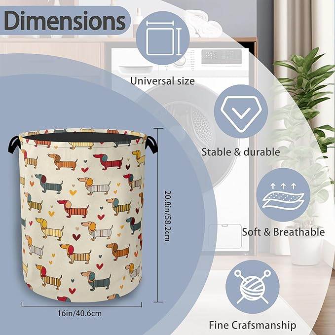Cute Dachshund Dog Laundry Basket,Foldable with Handles Tote Bag Oxford Cloth for Bathroom Bedroom Dirty Clothes Storage Bucket 16" x 20.8"