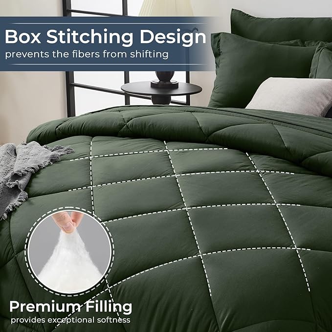 HEVUMYI Army Green Twin Comforter Set - 5-Piece All Season Bed in a Bag Twin, Ultra Soft Bedding Set with Comforter, Flat Sheet, Fitted Sheet, Pillowcases, Pillow Shams