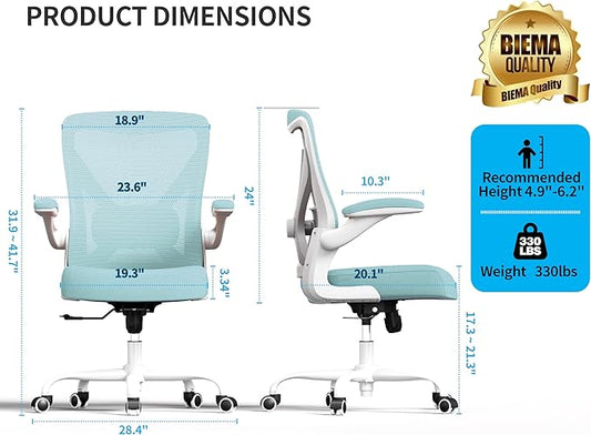 Office Chair - Ergonomic Desk Chair with Adjustable Lumbar Support, Mesh Computer Chair, Executive Office Chairs for Adults, Wide Seat Office Chair Back Support for Tall Men (Lake Blue)