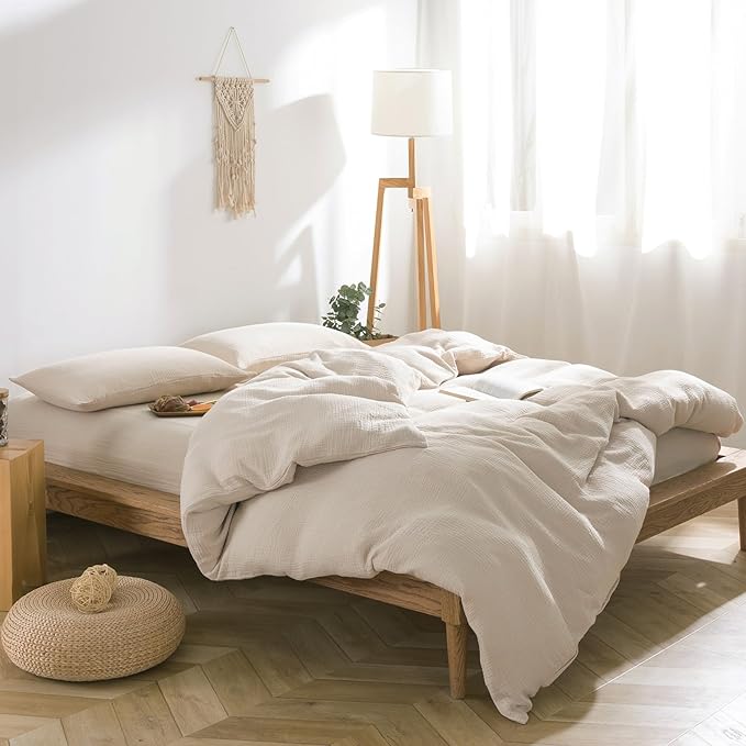 VM VOUGEMARKET 100% Cotton Muslin Duvet Cover King Size 3-Layer Guaze Textured Off-White Bedding Set,Ultra Soft Breathable Textured Linen Like Comforter Cover with Zipper&Ties-Oatmeal