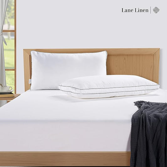 LANE LINEN Bed Pillows Queen Size Set of 2 - Medium Soft Support Gusseted Queen Pillows, Down Alternative Sleeping Pillow for Side Sleepers, Machine Washable, Comfortable for Restful Sleep - White