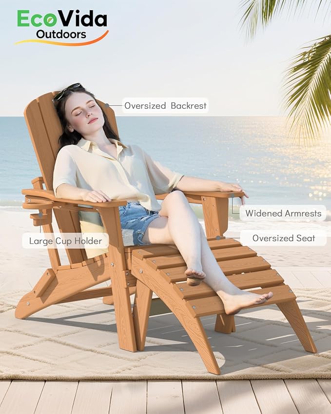 Upgraded Folding Adirondack Chair with All-Weather Cup Holder-EcoVida, Premium Wood Grain Texture, HDPE Waterproof, Suitable for Fire Pit, Patio, Porch, Cedar