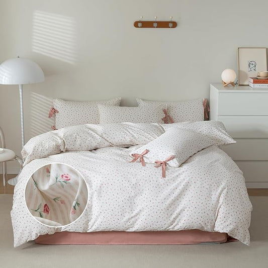 mixinni White Flower Pattern Duvet Cover Queen Cottage Pink Floral Stripes Duvet Cover Set 100% Cotton Bedding Set with Zipper Ties Bowknot Pillowcases, Easy Care, Soft and Breathable-Queen Size