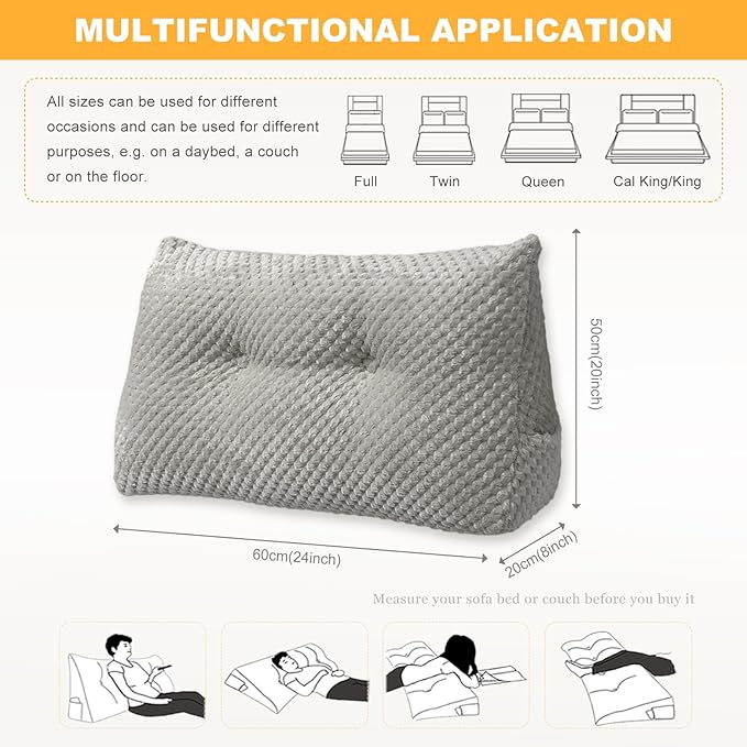 Large Triangular Headboard Wedge Pillow Soft and Supportive Headboard Backrest Positioning Support Bolster Cushion, Bed Wedge Pillow with Removable Cover(Light Gray,Dorm,24x8x20inch)