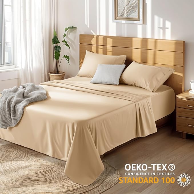 LBRO2M 100% Cotton Sheets Set Deep Pocket 19", 1000 Thread Count Full Size 4 Piece Bed Sheet Sets Soft Comfortable Bedding All Season (Full, Cream)