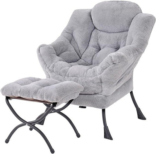 Tiita Lazy Chair with Ottoman, Modern Large Accent Lounge Armchair, Comfy Leisure Sofa Reading Chair with Footrest for Bedroom, Living Room, Dorm Rooms, Garden and Courtyard, Plush Light Grey