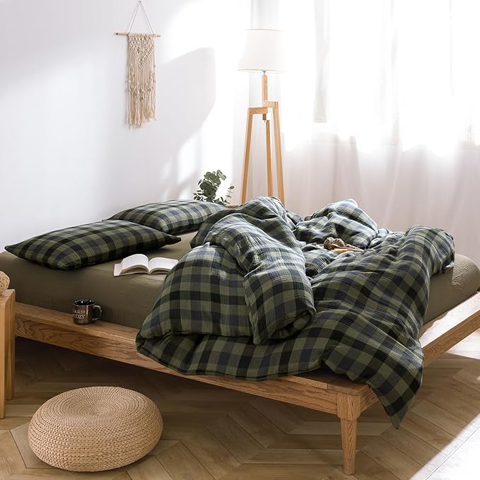 VM VOUGEMARKET Cotton Muslin Duvet Cover Queen Amy Green Plaid Bedding Set Soft Breathable Linen Like Gauze Comforter Cover with Zipper Closure for Teen Men,90"x90"