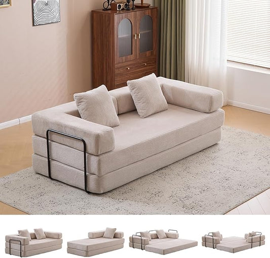 4-in-1 Convertible Folding Sleeper Sofa Bed, Fold Out Floor Sofa Couch with Fixed-Shape Frame, Cloud Corduroy Foldable Mattress Couch for Living Room Bedroom (78.5" Corduroy,Light Grey)