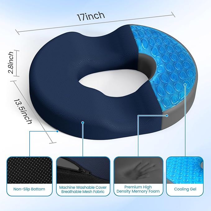 Donut Pillow Seat Cushion - Cooling Gel Floor Pillow, Memory Foam Floor Cushion for Office & Home, Car Seat, Hemorrhoids Pillow, Sciatica & Tailbone Pain Relief Chair Cushion, Blue