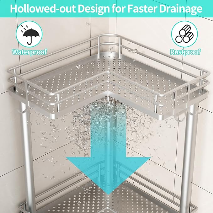 HapiRm Corner Shower Caddy Standing - 3 Tier Shower Organizer Corner with Soap Holder, Rustproof Bathroom Standing Organizer with 4 Hooks, Silver