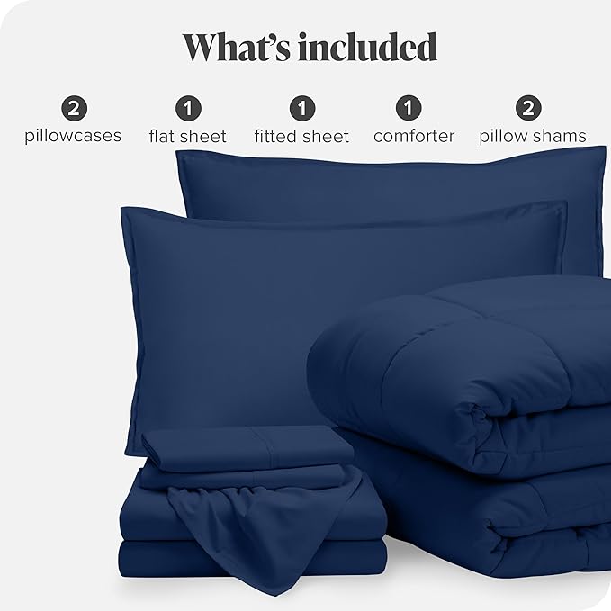 Bare Home Bed-in-A-Bag 7 Piece Comforter & Sheet Set - Queen - Goose Down Alternative - Ultra-Soft 1800 Premium - Bedding Set (Queen, Dark Blue/Dark Blue)