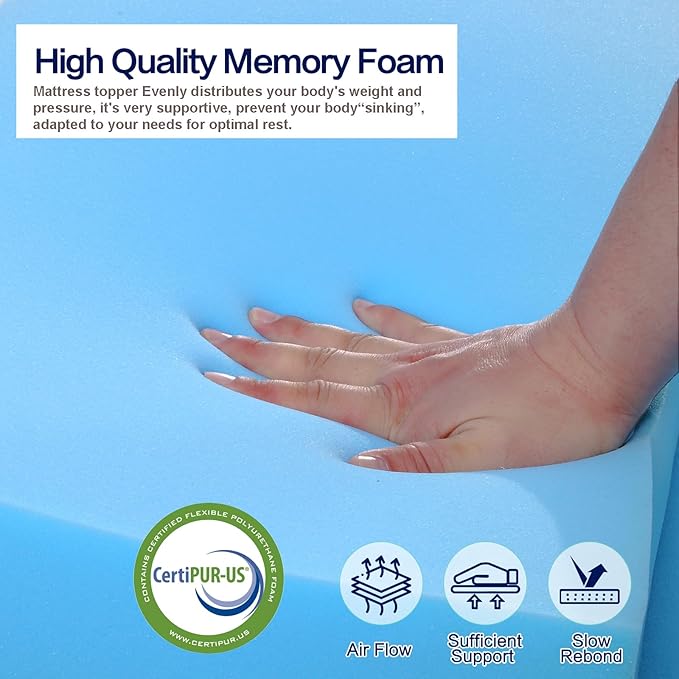 Twin XL Mattress Topper, Mattress Topper Twin XL 3 Inch High Density Memory Foam Mattress Pad Comfort Cooling, Bed Topper with Removable Cover, 4 Elastic Straps White, CertiPUR-US Certified