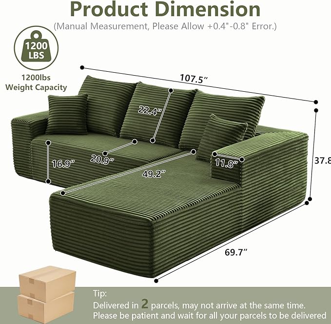 107" Cloud Sectional Couch with L-Shape Chaise, Modern Modular Comfy Sofa Chaise Longue, Upholstered Corduroy Couches Sleeper with Deep Seat for Living Room Bedroom, No Assembly Required, Green