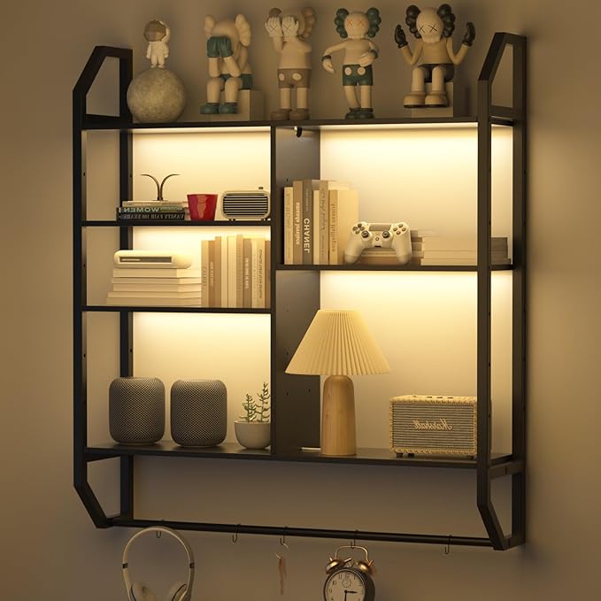 FAHKNS Gaming Floating Shelves, 35" Large LED Wall Shelves with Adjustable Tier, Wall Mounted Bookshelf with Hanging Pipe & 6 Hooks for Bedroom Gaming Room Kitchen Coffee Bar Decor, Black