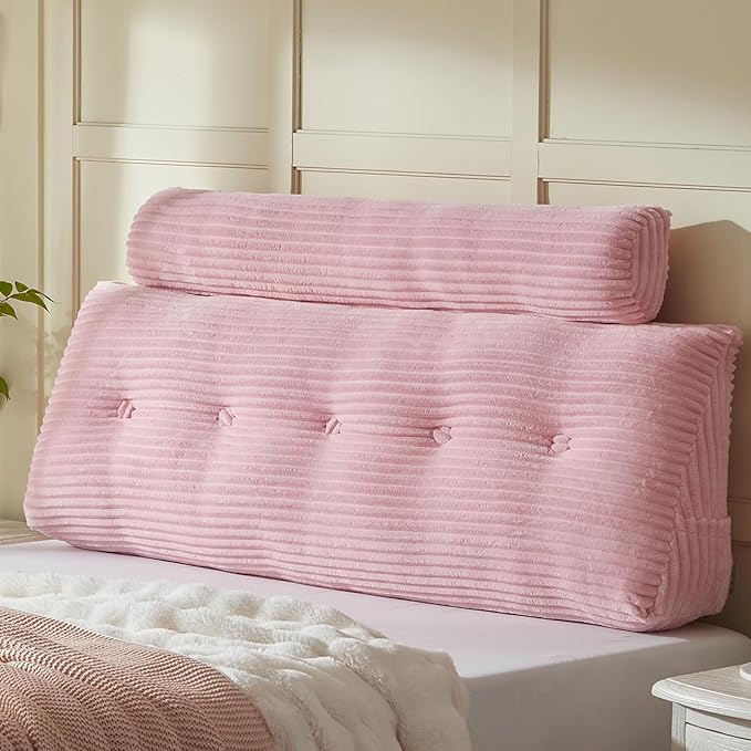 Headboard Wedge Pillow + A Long Neck Roll Pillow Body Pillow，Large Headboard Pillow with Removable Cover (Pink, Queen：59x8x20 inches)