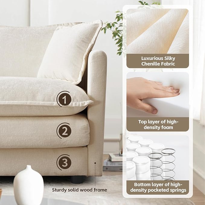 SoarFlash Chenille Sectional Sofa, Comfy L Shaped Modular Coush Sofa with Ottoman, Modern 4 Seat Couch Deep Seat Sofa Set for Living Room,Light Coffee