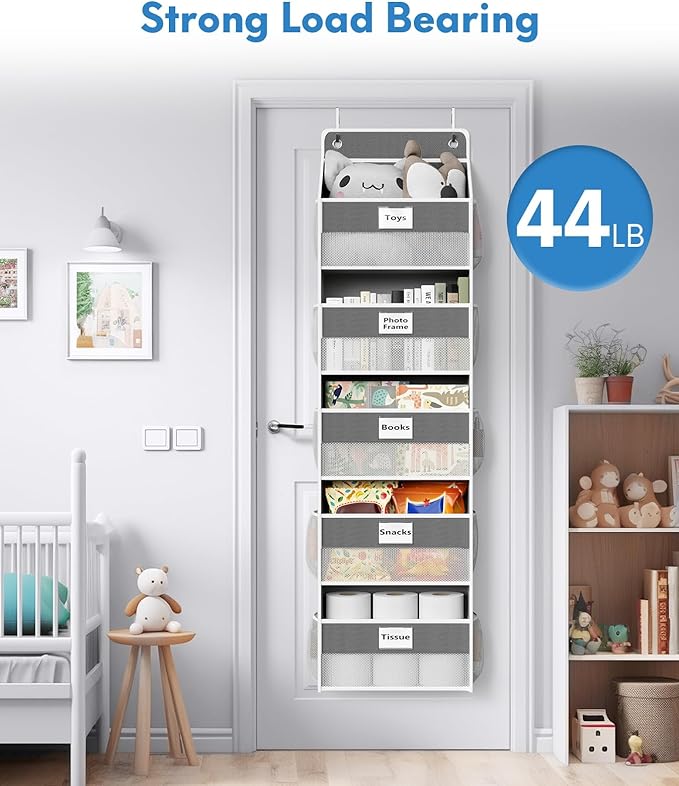 Over The Door Organizer Hanging, 2 Pack 5 Shelf Behind The Doors Storage, Pantry Door Organizer, Closet Organizers for Bedroom and Nursery (Dark Grey)