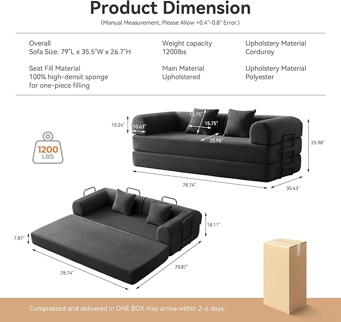 Convertible Sleeper Bed with Cylindrical Pillow, Comfy Foldable Bed Compressed Sofa in Box, Floor Sofa Lounge Couch for Living Room Bedroom Lounge Studio, Tool-Free Assembly (Black)