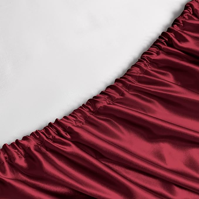 Satin Sheets King Size - 4 Pieces Luxury Silky Soft Bed Sheets, Wrinkle-Free Burgundy Satin Silk Sheet Set with 1 Deep Pocket Fitted Sheet, 1 Flat Sheet, 2 Pillow Cases