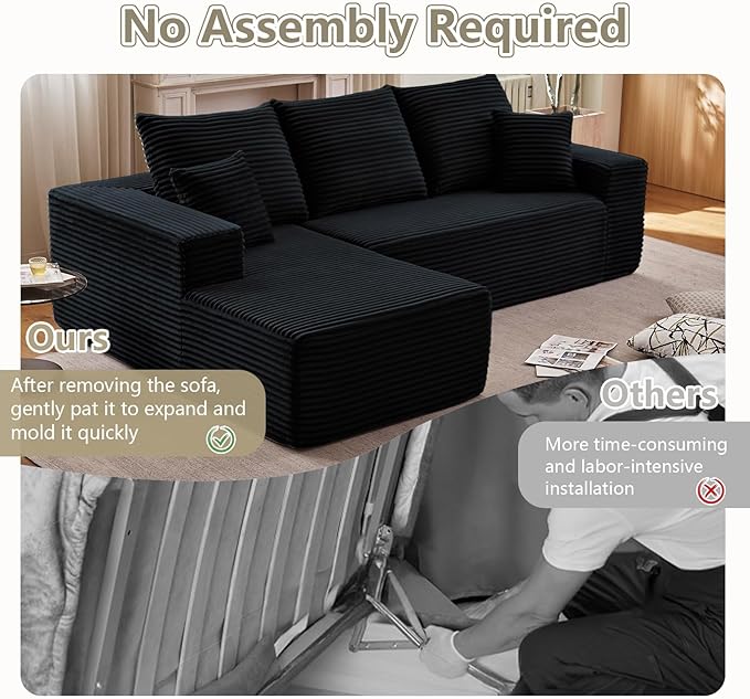 107" Cloud Sectional Couch with L-Shape Chaise, Modern Modular Comfy Sofa with Deep Seat, Upholstered Corduroy Couches Sleeper Chaise Longue for Living Room Bedroom, No Assembly Required, Black