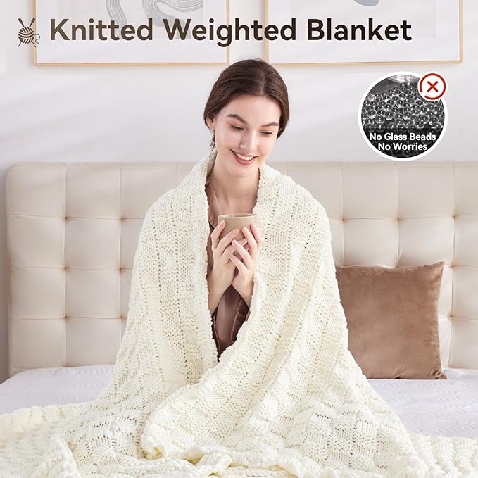 Knitted Weighted Blanket for Adult, No Beads Heavy Blanket 70” x 90'' 20lbs, Breathable Chunky Knit Blanket, Cooling Weighted Blanket for Hot Sleepers, Christmas Home Decor (Ivory White)