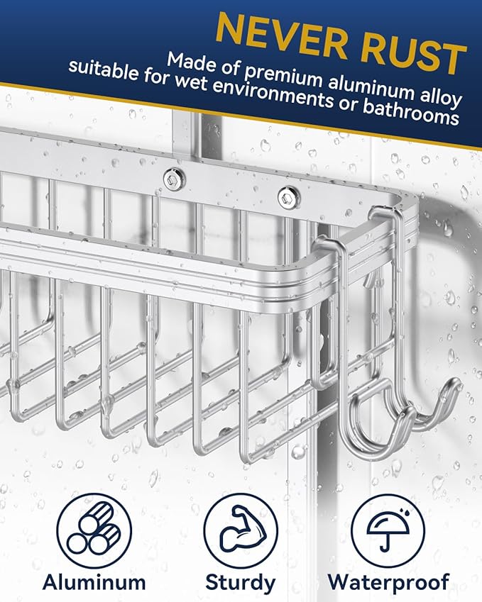 YASONIC Shower Caddy Hanging, Never Rust Shower Organizer Hanging, Aluminum Shower Racks for Inside Shower with Hooks for Razor, Bathroom Organizers and Storage with Soap Holder, Bright Silver