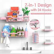 Shower Caddy Adhesive Shower Organizer 7-Pack, Rustproof Stainless Steel Bathroom Shelves, Large Capacity No-Drill Rack Storage Accessories with Soap Dish Toothbrush Holder Hooks (Pink)