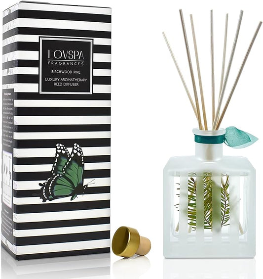 LOVSPA Reed Diffuser Set, Birchwood Pine Scented Oil Diffuser with Sticks, Home Fragrance Accessories for Bathroom Shelf Decor, Aroma Diffusers for Home or Office Desk, USA Made