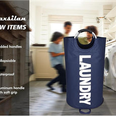 90L Large Laundry Basket, Freestanding Tall Clothes Hamper, Collapsible Laundry Bag, Dark Blue