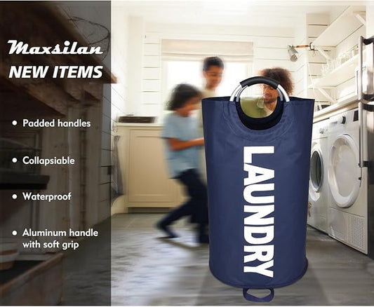 90L Large Laundry Basket, Freestanding Tall Clothes Hamper, Collapsible Laundry Bag, Dark Blue