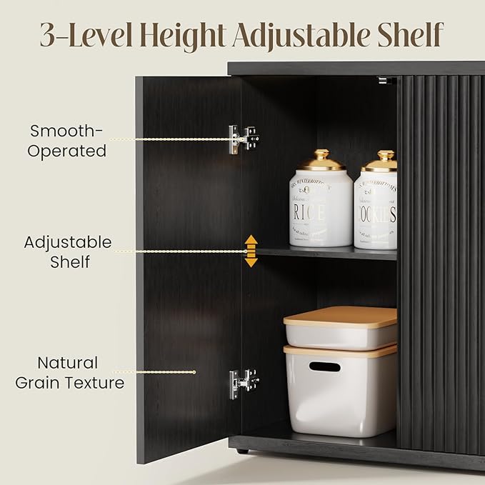 Fluted Buffet Cabinet Sideboard with Storage,Wooden Credenza with 2 Doors&Adjustable Shelve, Modern Accent Cabinets Coffee Bar Bookcase for Living Room,Kitchen Dining Room Entryway 15"D Black