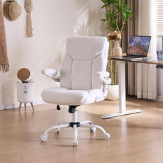Executive Office Chair, Comfy Fabric Cloth Computer Chair Ergonomic Desk Chairs with Flip-up Armrests, Lumbar Support, 360° Swivel and Rocking Function for Home Office Chairs, White