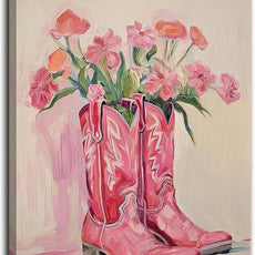 Julaydi Floral Cowgirl Boots Wall Art Pink Cowboy Boots with Flower Painting Western Aesthetic Canvas Prints Poster Trendy Preppy Girls Room Decor Picture for Living Room Bedroom Dorm 16x24in Framed
