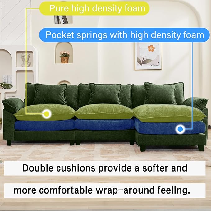 120" Modular Sectional Sofa, Comfy Cloud Couch Sectional Sofa with Ottoman, Chenille Sofa Sleeper Deep Seat Sofa with Throw Pillows for Living Room (Green, 120"- L Shape)