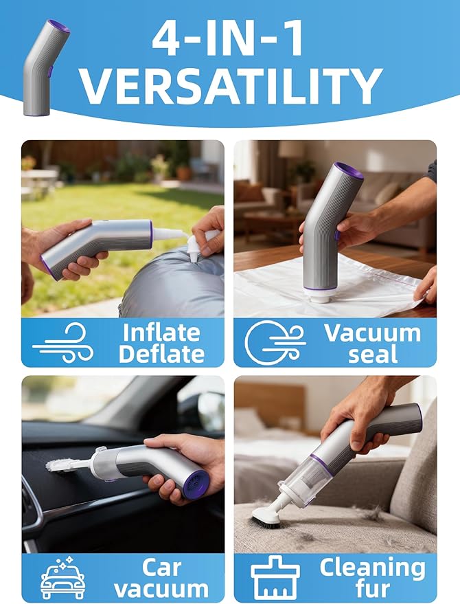 Cordless Car Vacuum, 4 in 1 Portable Mini Handheld Vacuum Cleaner with 15000pa Suction Power, 2 Suction Modes & Multi-Nozzles for Car Home Office Pet, Silver